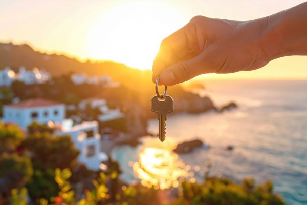 Hand holding a house key against coastal sunset background symbolizing real estate investment, vacation home ownership and lifestyle dreams by the sea.